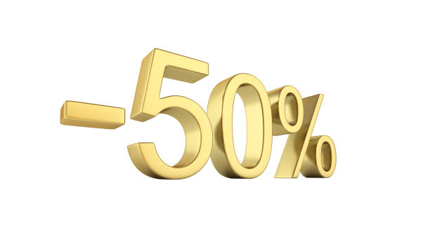 istock Gold text 50 percent off on white background without shadow 3D render 672478718