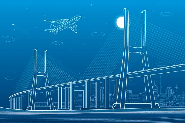 ilustrações de stock, clip art, desenhos animados e ícones de large cable-stayed bridge, night modern city on background, airplane fly, vector design art - cable stayed bridge illustrations