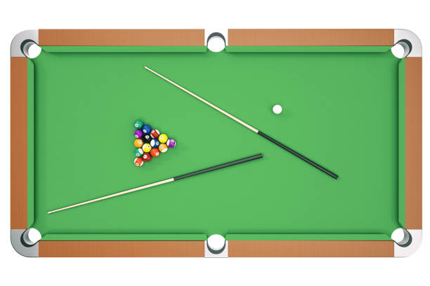 istock 3D illustration Billiard balls on green table with billiard cue, Snooker, Pool game, Billiard concept. Top view 672481920
