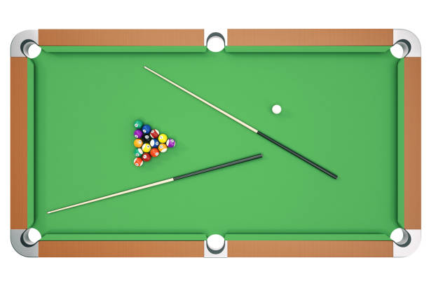 3d illustration billiard balls on green table with billiard cue, snooker, pool game, billiard concept. top view - sala de bilhar ilustrações imagens e fotografias de stock