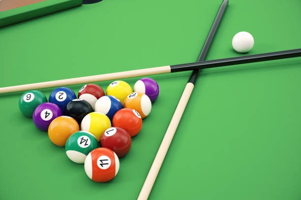 istock 3D illustration American pool snooker balls background. American Billiard. Close up Billiard balls. Bar game. Billiard table game. 672481956