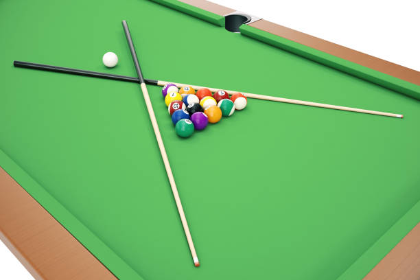 istock 3D illustration Billiard balls on green table with billiard cue, Snooker, Pool game. Billiard concept 672481958
