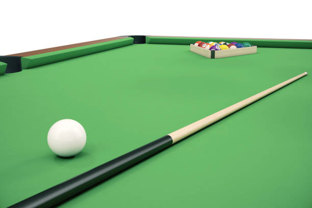 istock 3D illustration Billiard balls on green table with billiard cue, Snooker, Pool game, Billiard concept 672482020