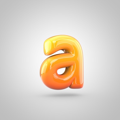 Glossy orange and yellow gradient paint alphabet letter A lowercase. 3D render of bubble twisted font with glint isolated on white background.