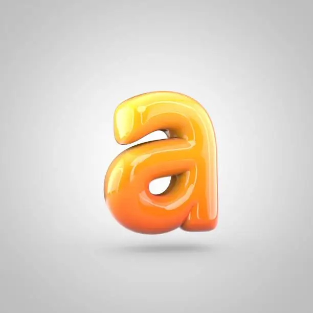 Photo of Glossy orange and yellow gradient paint alphabet letter A lowercase isolated on white background