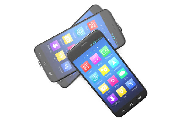 istock A silver phone width a blue screen and icons, isolated on white background, 3d illustration 672486174