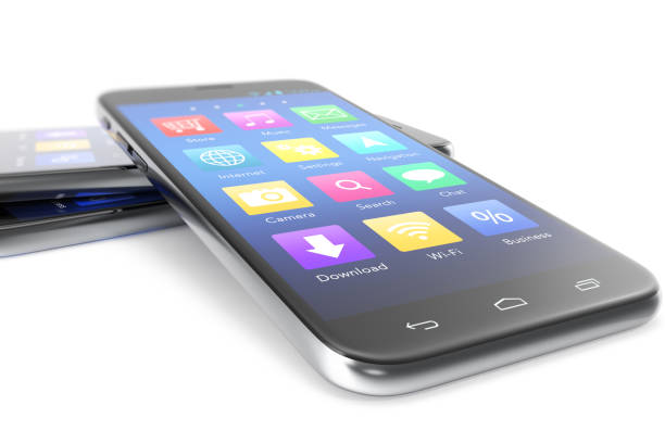 istock A silver phone width a blue screen and icons, isolated on white background, 3d illustration 672486184