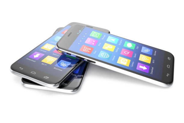 istock A silver phone width a blue screen and icons, isolated on white background, 3d illustration 672486202