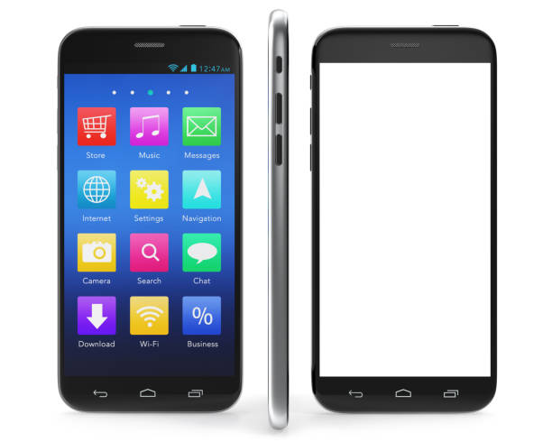 istock Set of black smartphone with a blank screen isolated on white background, 3d illustration 672486238