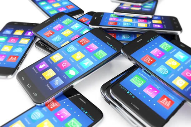 istock Heap of the different smartphones with application on the screen. Modern technology concept background, 3d illustration 672486252