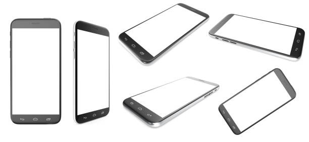 istock Set of black smartphone with a blank screen isolated on white background, 3d illustration 672486264