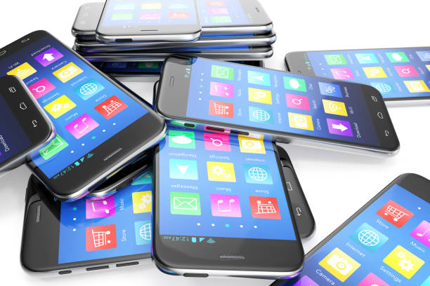 istock Heap of the different smartphones with application on the screen. Modern technology concept background, 3d illustration 672486268
