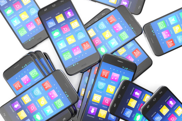 istock Heap of the different smartphones with application on the screen. Modern technology concept background, 3d illustration 672486270