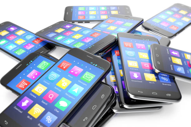 istock Heap of the different smartphones with application on the screen. Modern technology concept background, 3d illustration 672486274