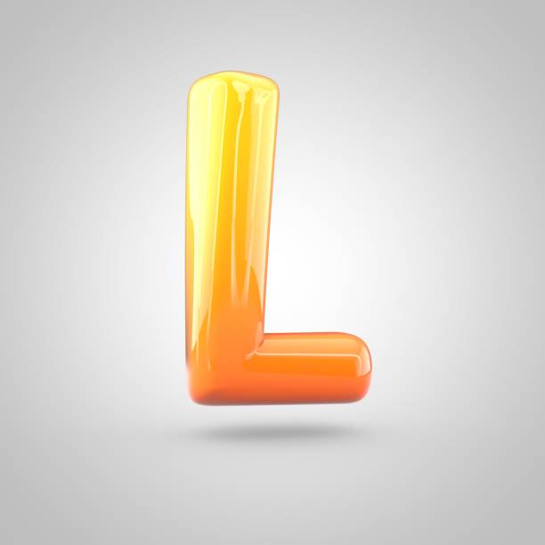 Glossy orange and yellow gradient paint alphabet letter L uppercase. 3D render of bubble twisted font with glint isolated on white background.
