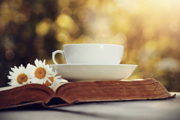 istock White cup, bouquet of camomiles and old open book. 672490294