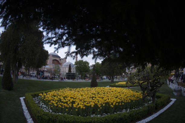 istock Tulip carpet with geometrical patterns at Sultanahmet square in Istanbul, with people. 672495242