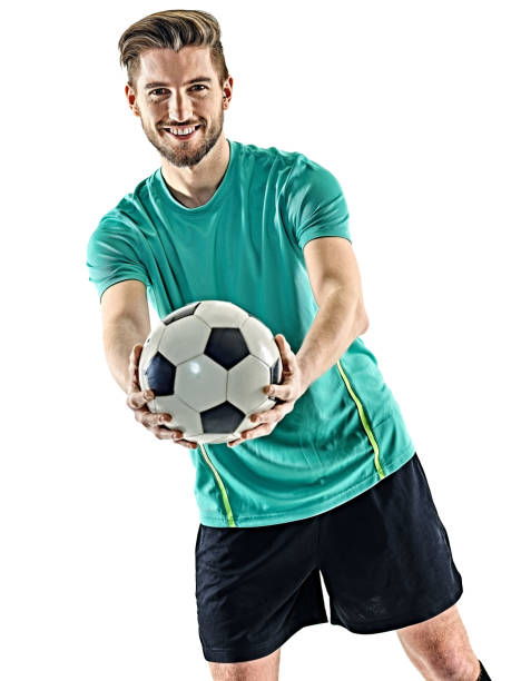 istock one soccer player man standing isolated white background 672497486