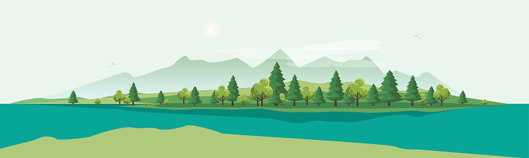 Flat vector cartoon style illustration of nature landscape with trees and mountain with river.