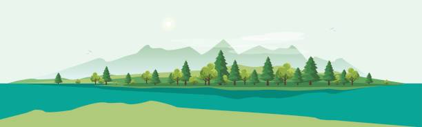 Geen Mountain Landscape with Trees Nature Background Flat vector cartoon style illustration of nature landscape with trees and mountain with river. panoramic stock illustrations