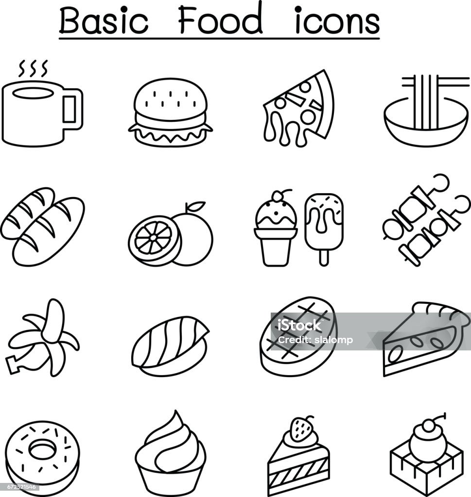 Basic Food Icon Set In Thin Line Style Stock Illustration ...