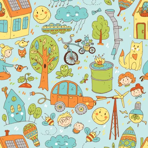 Vector illustration of Vector doodle cute seamless pattern of ecology and family. Natur