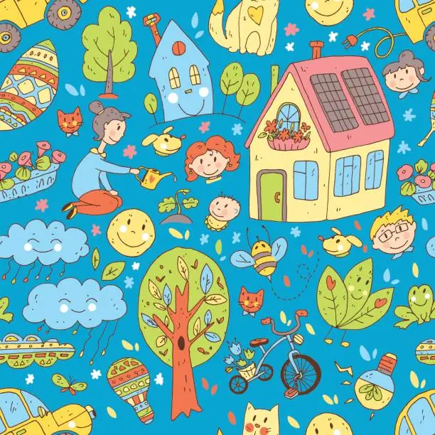 Vector illustration of Vector doodle cute seamless pattern of ecology and family. Natur