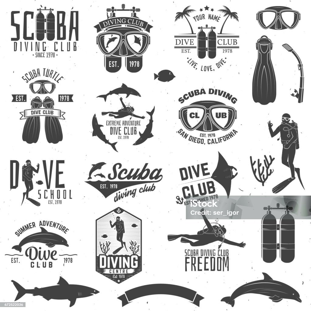 Ensemble de club de plongée sous-marine et plongée école design - clipart vectoriel de Plongée sous-marine autonome libre de droits