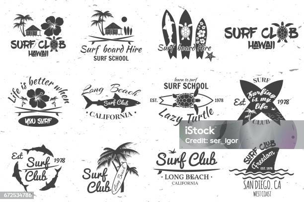 Vetores de Clube De Surf E Surf School Design e mais imagens de Surfe - Surfe, Logotipo, Arrebentação