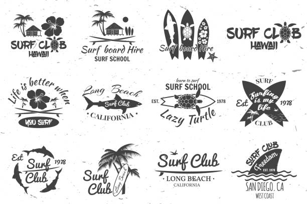 Surf club and surf school design Set of retro vintage badges and labels. For web design, mobile and application interface, also useful for infographics. Surf club and surf school design. Vector illustration. surfing stock illustrations