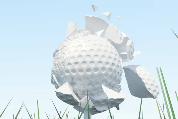 istock 3D illustration Golf ball Scatters to pieces after a strong blow and ball in grass, close up view on tee ready to be shot. Golf ball on sky background. 672542700