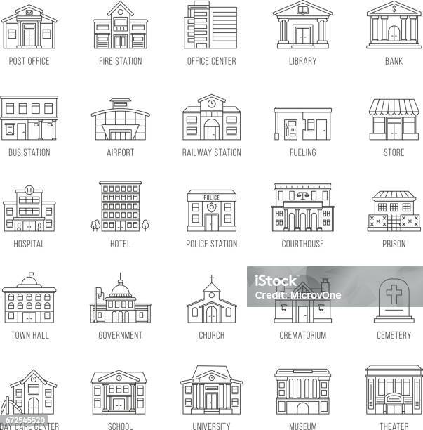 Regierungsgebäude Vektor Dünne Linie Icons Set Stock Vektor Art und mehr Bilder von Lineart - Lineart, Baugewerbe, Umrisslinie