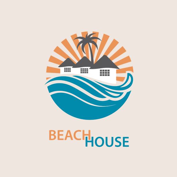 ilustrações, clipart, desenhos animados e ícones de ícone de casa de praia - wave island palm tree sea