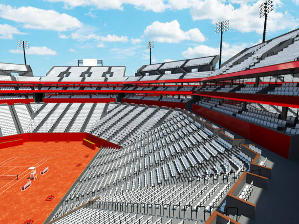 istock 3D render of beutiful modern tennis clay court stadium with white chairs 672554902