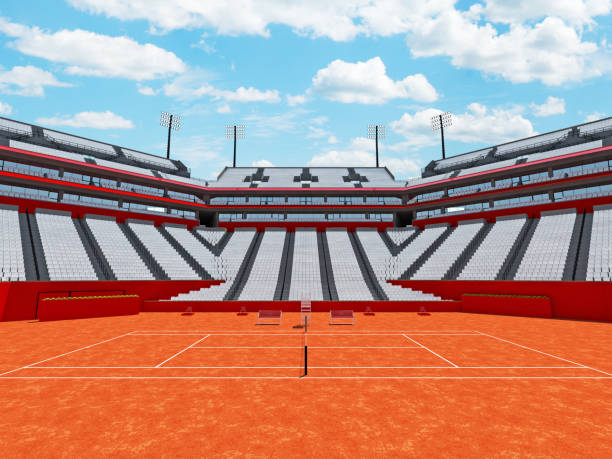 istock 3D render of beutiful modern tennis clay court stadium with white chairs 672554904