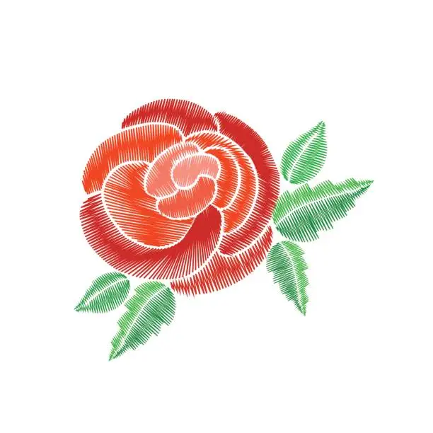 Vector illustration of Red roses with green leaf embroidery on white background