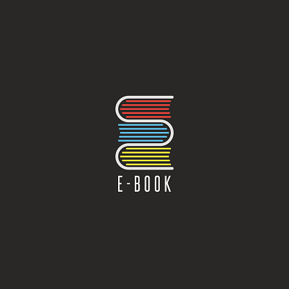 E-book bookstore icon, online school education emblem mockup, reading club icon, stack books in the shape of the letter E