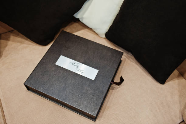 istock Brown luxury leather wedding book or album. 672556364