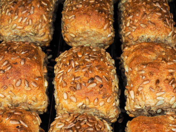istock Closeup of freshly made sunflower seed buns, side by side 672562516
