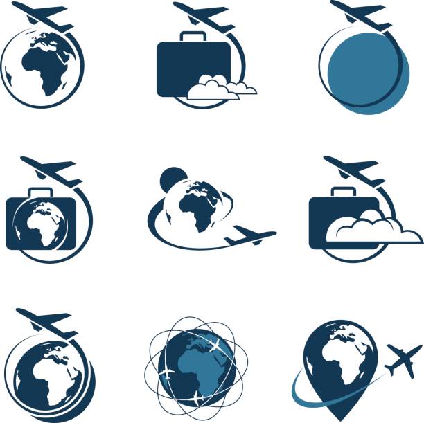 travel icon set travel icon set with suitcase and airplane travel logo stock illustrations