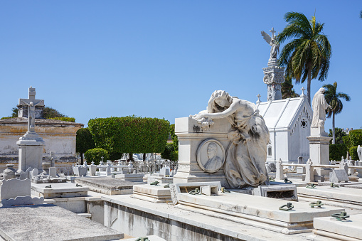 Havana, Cuba - March 24, 2017: Historical tombstones at Cristobal Colon Cemetery in Vedado. Colon Cemetery is the 5th most important historical cemetery of the world.