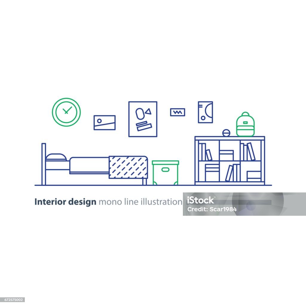 Idee der Innenarchitektur, Schlafzimmermöbel, Arrangement-Plan, Bett und Bücherregal - Lizenzfrei Bett Vektorgrafik