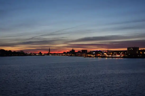 View of the city of Rostock, Northern Germany, at sunrise