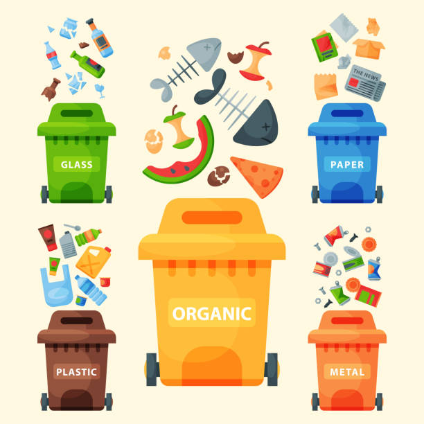 Recycling garbage elements trash bags tires management industry utilize waste can vector illustration Recycling garbage elements trash bags tires management industry utilize concept and waste ecology can bottle recycling disposal box vector illustration. Eco pollution refuse service plastic. utilize stock illustrations