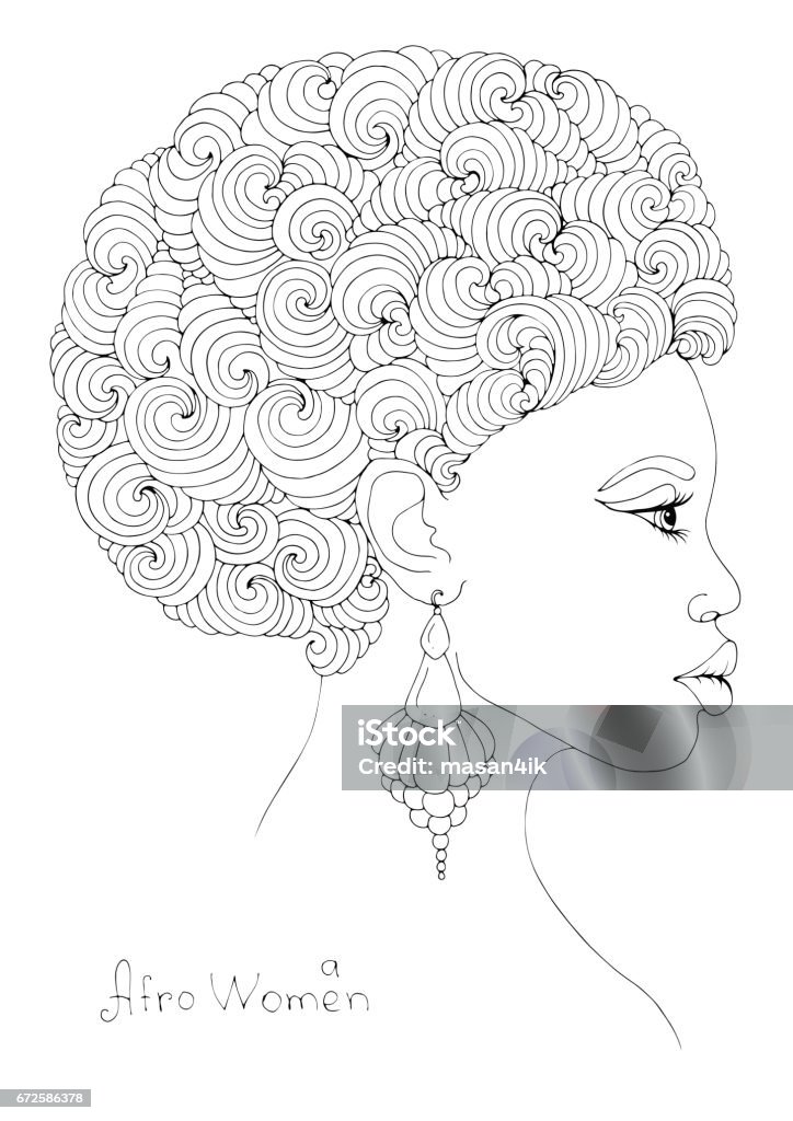 Coloring profile portrait of a young African girl with magnificent curly afro hairstyle Vector hand drawn line profile portrait of a young African girl with magnificent curly afro hairstyle and volumetric earrings. Coloring page. On a white background African-American Ethnicity stock vector