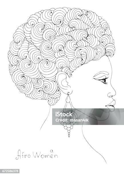 Coloring Profile Portrait Of A Young African Girl With Magnificent Curly Afro Hairstyle Stock Illustration - Download Image Now
