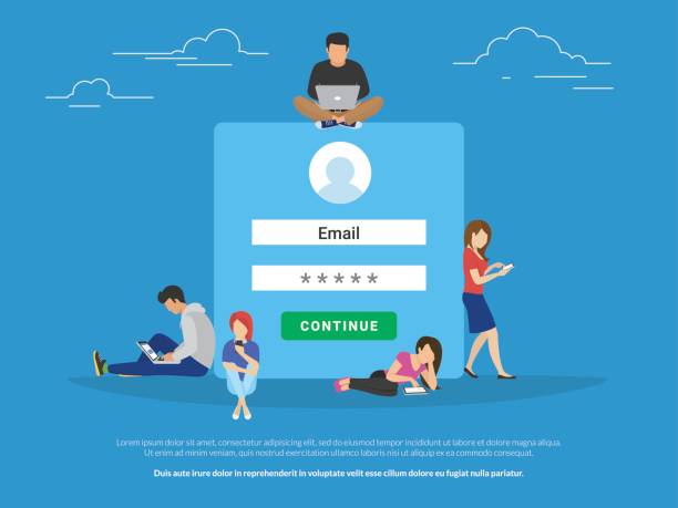 Log in form concept illustration of information security and access to social networks accounts and personal data Log in form concept illustration of information security and access to social networks accounts and personal data. Flat young people using mobile devices such as laptop, smartphone and digital tablet computer addiction stock illustrations