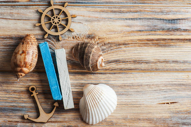 istock Seashells, wooden anchor and steering wheel 672589984