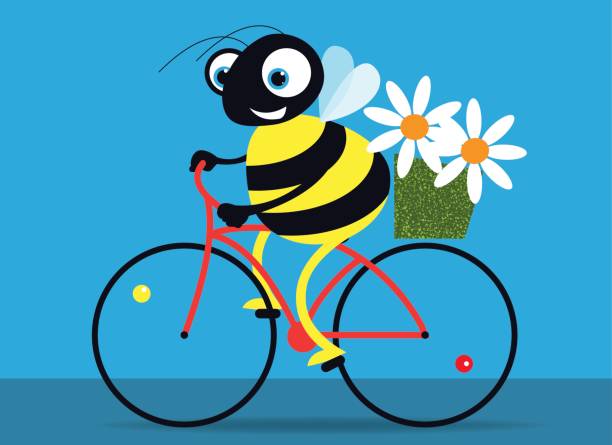 fröhliche biene auf einem fahrrad mit blumen - pollenkorn stock-grafiken, -clipart, -cartoons und -symbole