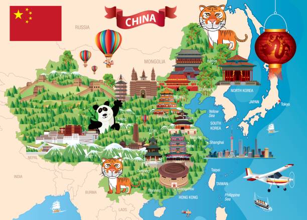 ilustraciones, imágenes clip art, dibujos animados e iconos de stock de mapa de dibujos animados de china - terracotta power famous place chinese culture